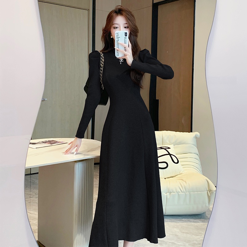 Đầm Len Dài Qua Gối Tay Dài Phồng Màu Trơn Thời Trang Cho Nữ