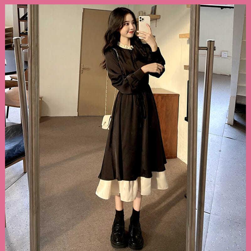 Váy mùa đông cho nữ váy dài Váy babydoll Đầm Nữ Giả Hai Mảnh Eo Hẹp Phong Cách Preppy Thời Trang Mùa Thu Kiểu Mới