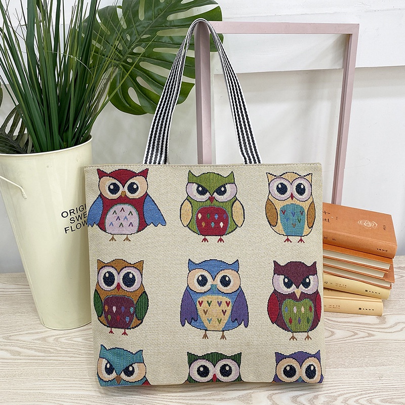 Túi tote cho nữ xách đồ hình Cú đi du lịch rộng rãi có khóa kéo kích thước 45x8x38cm
