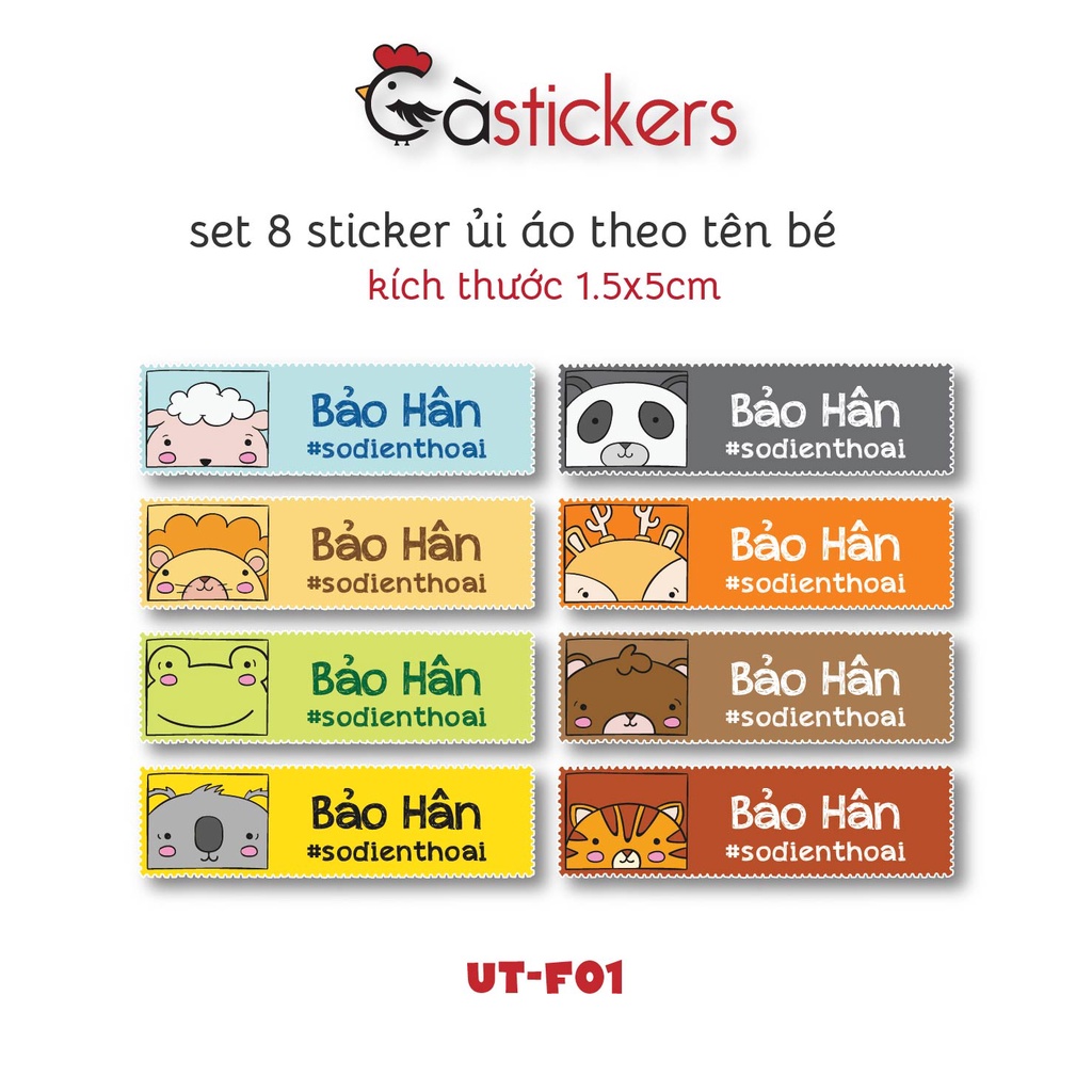 Sticker ủi áo in tên trẻ em GaStickers UT-F01- bộ 8 miếng kích thước 1,5 x 5 cm