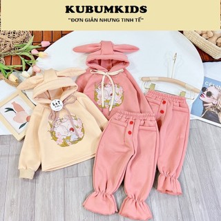 Tết2024: sét, bộ nỉ mũ tai thỏ quần boom cho bé gái 9-22kg