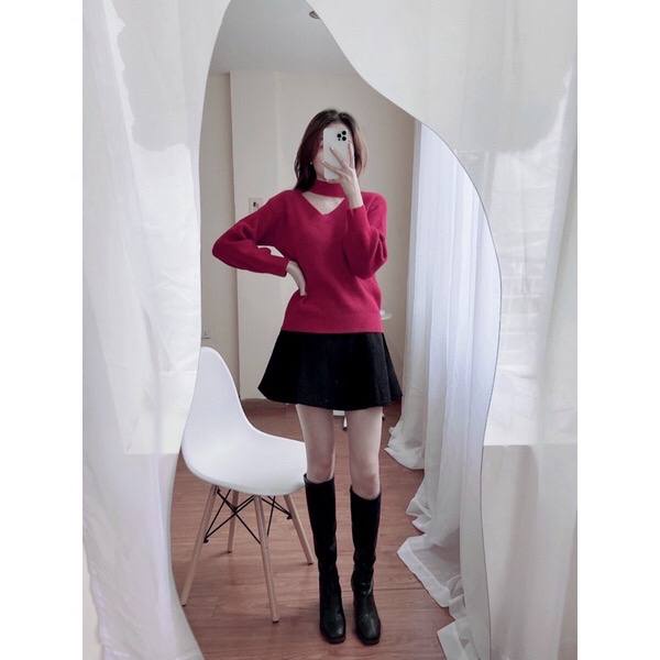 Áo len cổ choker hở vai hàng quảng châu siêu đẹp - Áo len tay bồng nữ