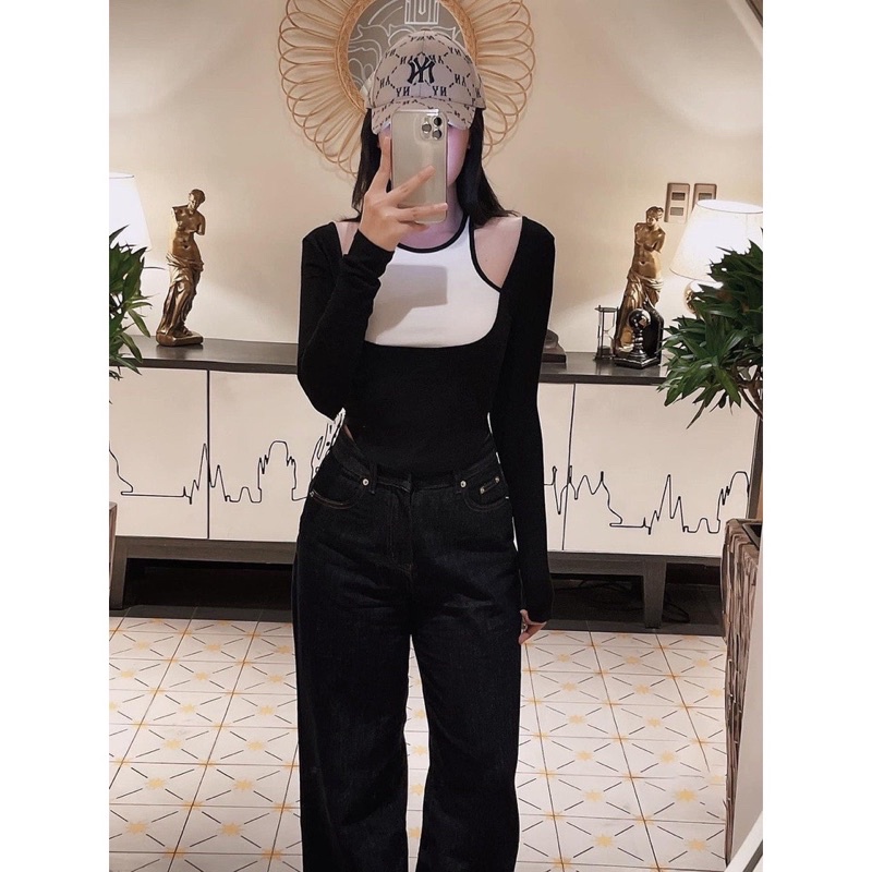 Áo Kiểu Nữ Dài Tay Vạt Bầu ❤áo Thun Nữ Hàn Quốc Phối Màu Hở Vai Ôm Body Sexy