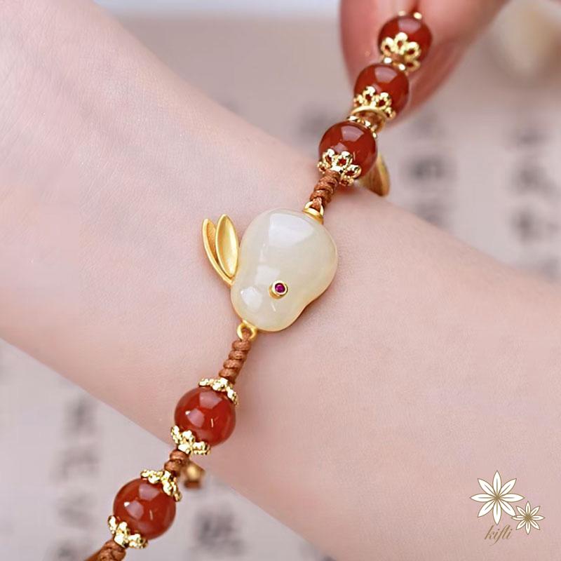 Hetian Yufurui Vòng Tay Bện Dây Đính Hạt Ngọc Bích Hình Thỏ Làm Quà Tặng Cho Bạn Gái