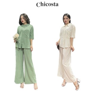 Sét đũi xốp xuất nhật nữ 2 túi ngực, bộ đũi xốp áo sơ mi quần suông đai thun co giãn DST01