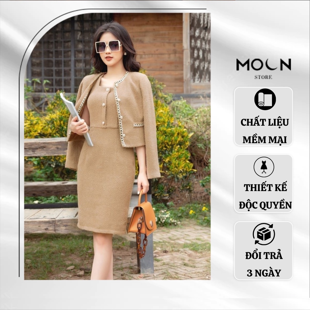 Set áo váy công sở nữ chất dạ tweed sang trọng mặc đi làm tôn dáng tôn da MSB422 Moon