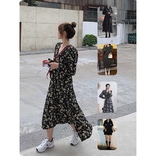 (ORDER) Váy hoa đen dài tay mùa thu cổ V thắt eo xòe dài nhẹ nhàng vintage Hàn Quốc (kèm ảnh thật)