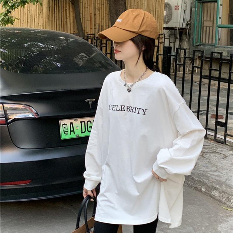 IELGY Áo Thun Tay Dài Dáng Rộng In Chữ Thời Trang Cho Nữ