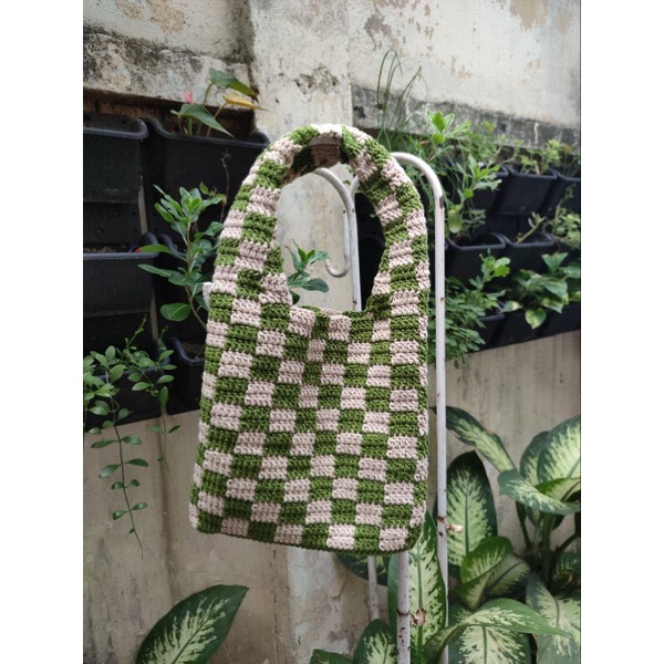 Túi len Checkered- túi len caro handmade