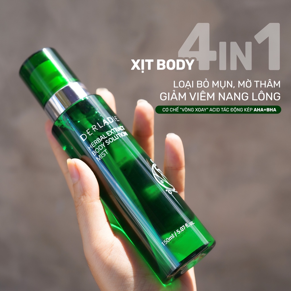 Xịt mụn lưng Derladie 4in1 Loại Bỏ Mụn, Mờ Thâm, Giảm Viêm Nang Lông Derladie Herbal Extract Body Solution Mist 150Ml