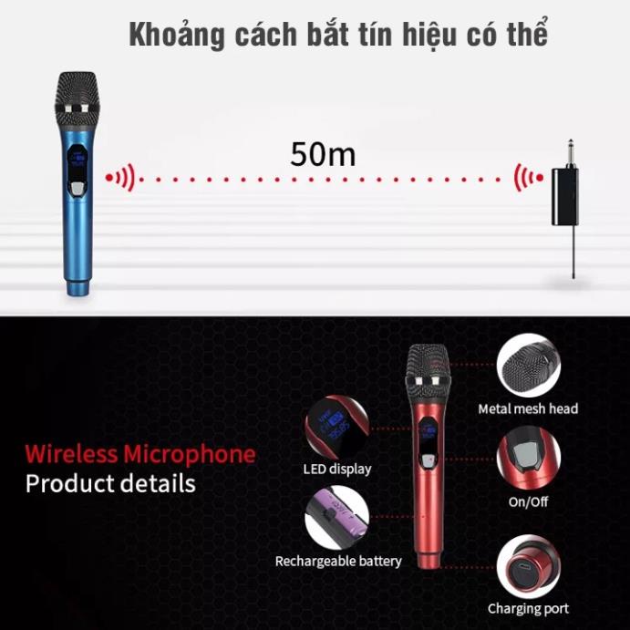 Bộ 2 Micro Karaoke ONTEKCO MU02 GOLD Không Dây Siêu Sang, Chuyên Dùng Cho Loa Kéo, Kết Nối Xa Tới 30m Qua Đầu Thu Mini