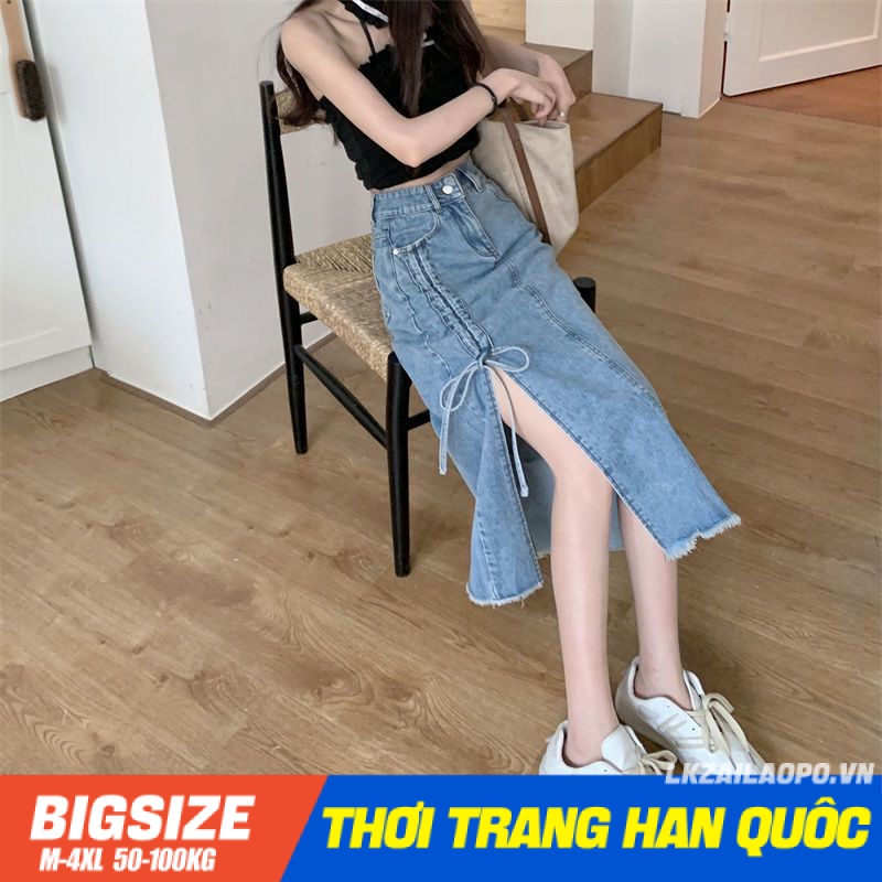 chân váy jean dáng dài Bigsize chân váy nữ lưng cao cạp cao xẻ tà chữ a mùa thu Phong cách Hàn Quốc Thời Trang cá tính xinh đẹp cho người mập béo nữ