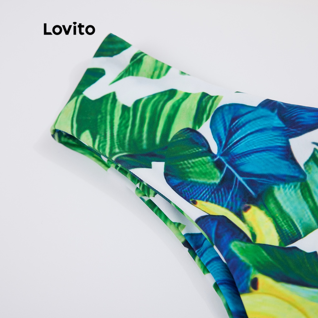 Set bikini LOVITO dây rút dạng cột hở lưng viền xếp ly họa tiết kiểu nhiệt đới phong cách boho L18X378 (Màu vàng)