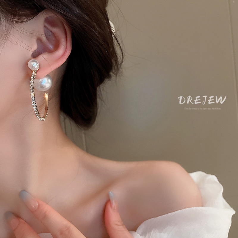 DREJEW Khuyên tai bạc đính kim cương ngọc trai hình học thời trang