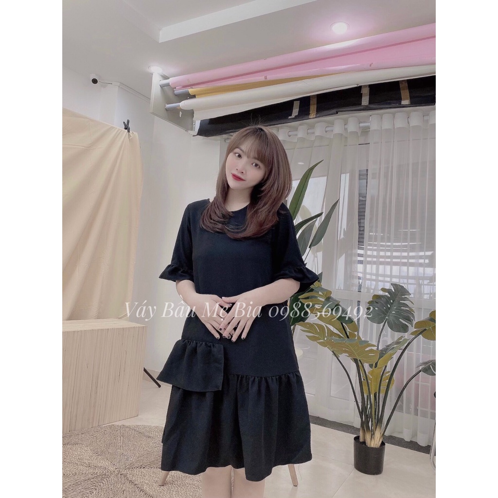 Váy bầu bigsize - Đầm bầu thiết kế GuMe ĐEN TAY LỠ ĐUÔI CÁ 2 TẦNG_ MB187