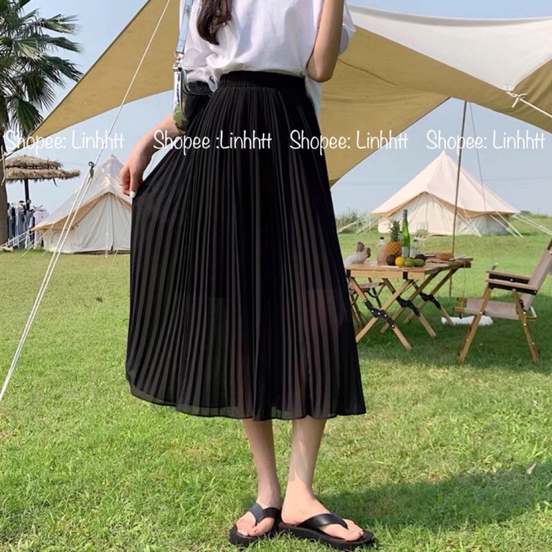 Pass/ thanh lý chân váy voan xếp ly đen trắng