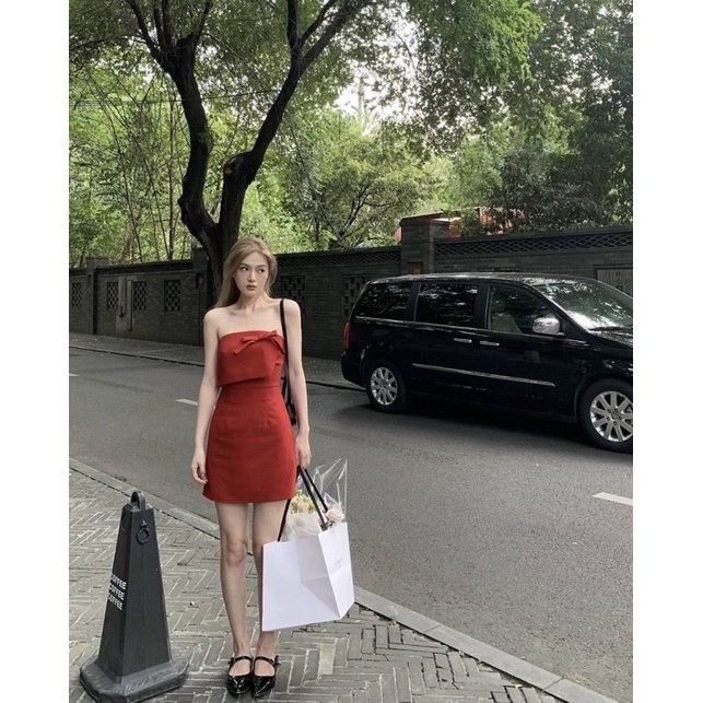 SET ĐẦM ỐNG ĐỎ ĐÍNH NƠ NGỰC KÈM KHOÁC CROP ĐEN ❤️