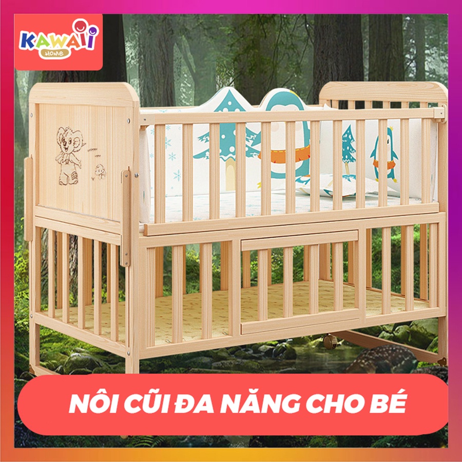 Cũi cho bé, Nôi cũi gỗ cho bé đa năng Kawaii Home ghép với giường bố mẹ