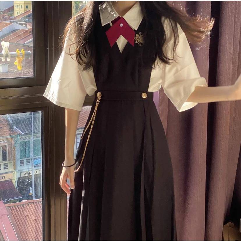 Váy babydoll Set Áo Sơ Mi Ngắn Tay Form Rộng + Đầm Yếm Đen Thời Trang Dành Cho Nữ
