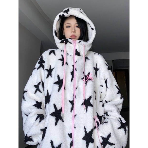 Áo khoác hoodie zip mặt bông hoạ tiết đầy sao Star mũ rộng phong cách Y2K FOOTMADE