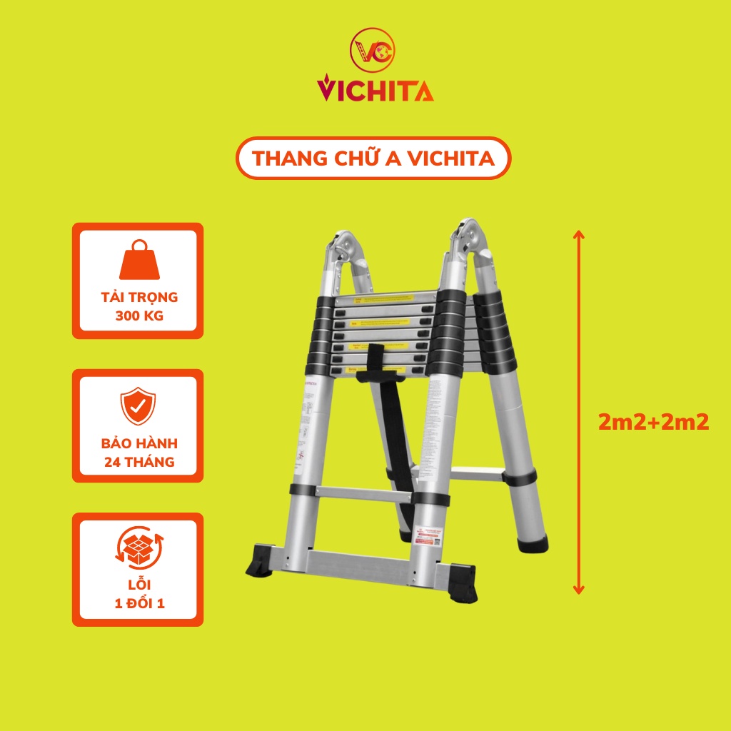 Thang Nhôm Rút Đôi Chữ A 4.4M (2M2+2M2) VICHITA - Thang Rút Tiện Lợi Dễ Dàng Mang Theo
