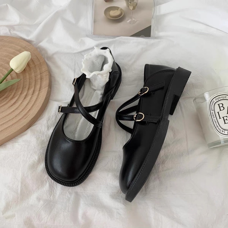 Giày búp bê có 2 quai đan chéo Mary Jane đế bằng 3cm dễ thương Yannie Lolita