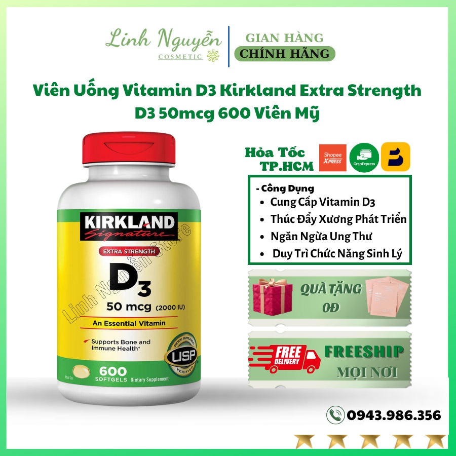 Viên Uống Vitamin D3 Kirkland Extra Strength D3 50mcg 600 Viên Mỹ