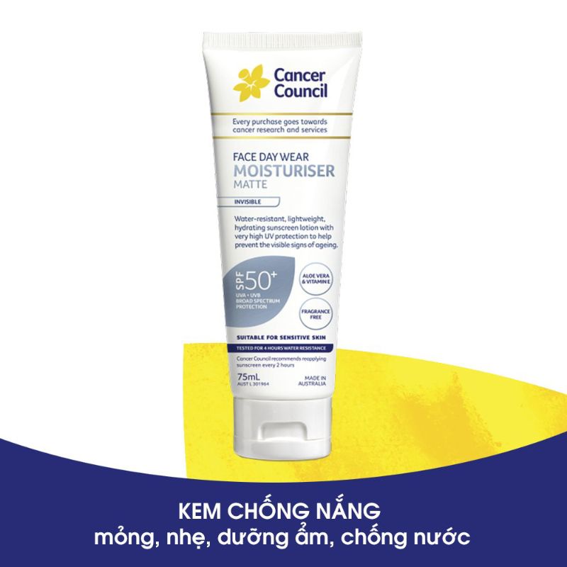 Kem chống nắng Cancer Council Face Day Wear SPF 50+/PA++++ 75ml (Dòng da mặt)