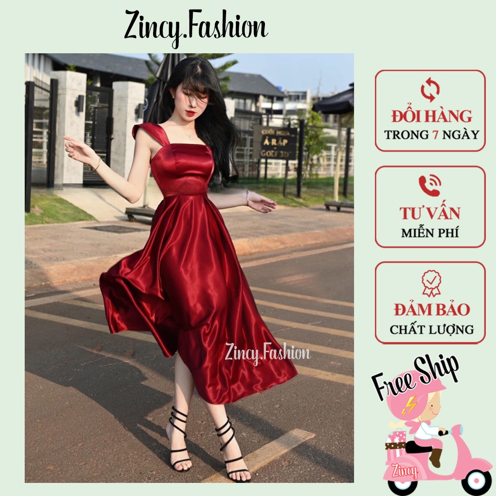 Đầm lụa cúp ngực dáng dài qua gối Váy xoè 2 dây đi tiệc đi chơi có mút ngực Zincy DODTO001