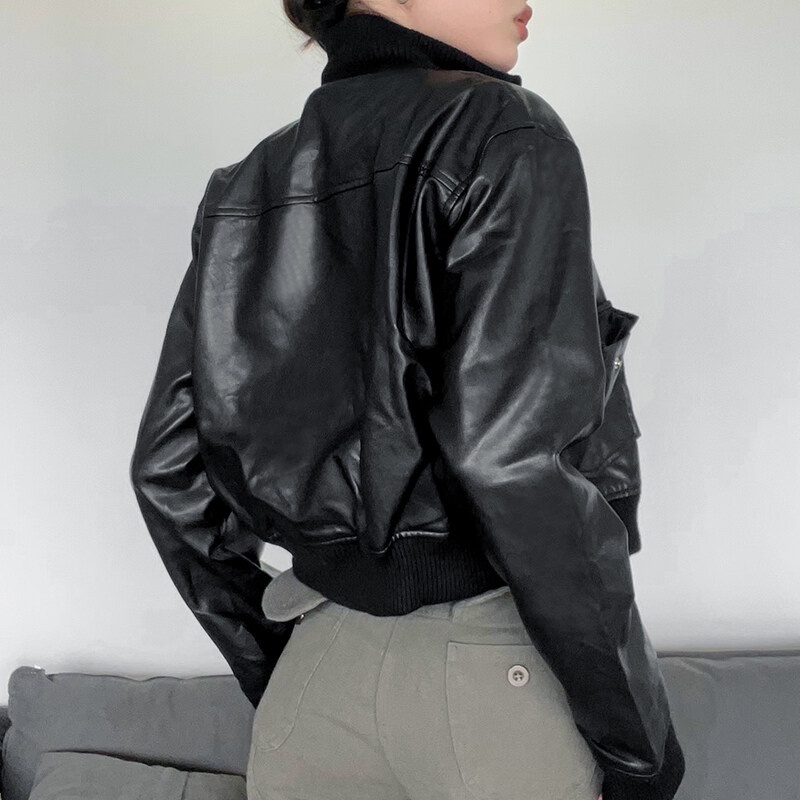 Áo khoác da Kliou tay dài dáng rộng có khóa kéo phong cách punk 2022 cá tính dành cho nữ