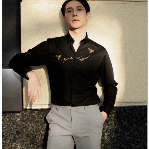 Áo So Mi Tay Dài Nam Chất Lụa Phối Hoạ Tiết Hoa Văn Tay Phong Cách Hàn Quốc