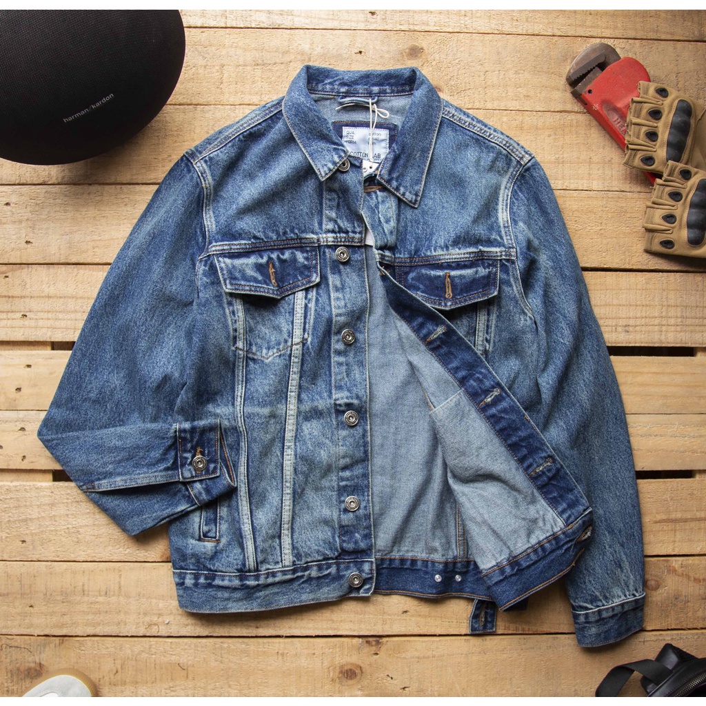 Áo khoác jean nam LAB+ COTTONLAB áo bò, áo denim màu xanh bụi bặm fom rộng LAB102
