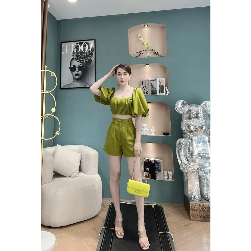 [10.10 Sales Freeship] Set bộ đùi nữ đi tiệc, set áo cổ vuông xếp ly tay phồng croptop mix quần short đùi sang trọng mtb
