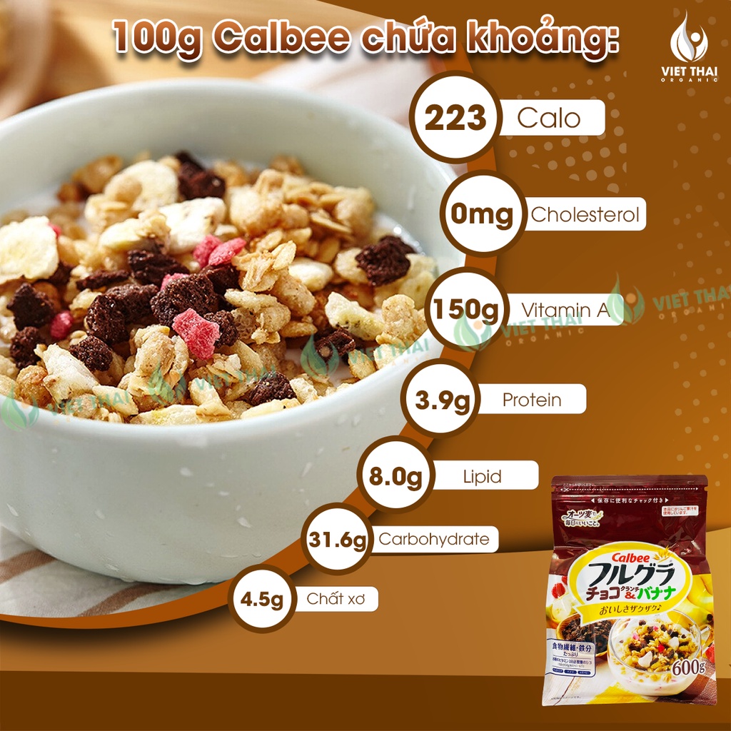 [Siêu Ngon] Ngũ cốc Calbee Nâu Chocolate Crunch &amp; Banana Gói 600gr (Chocolate, Chuối, Quả Mâm Xôi...) - Ngũ Cốc Granola