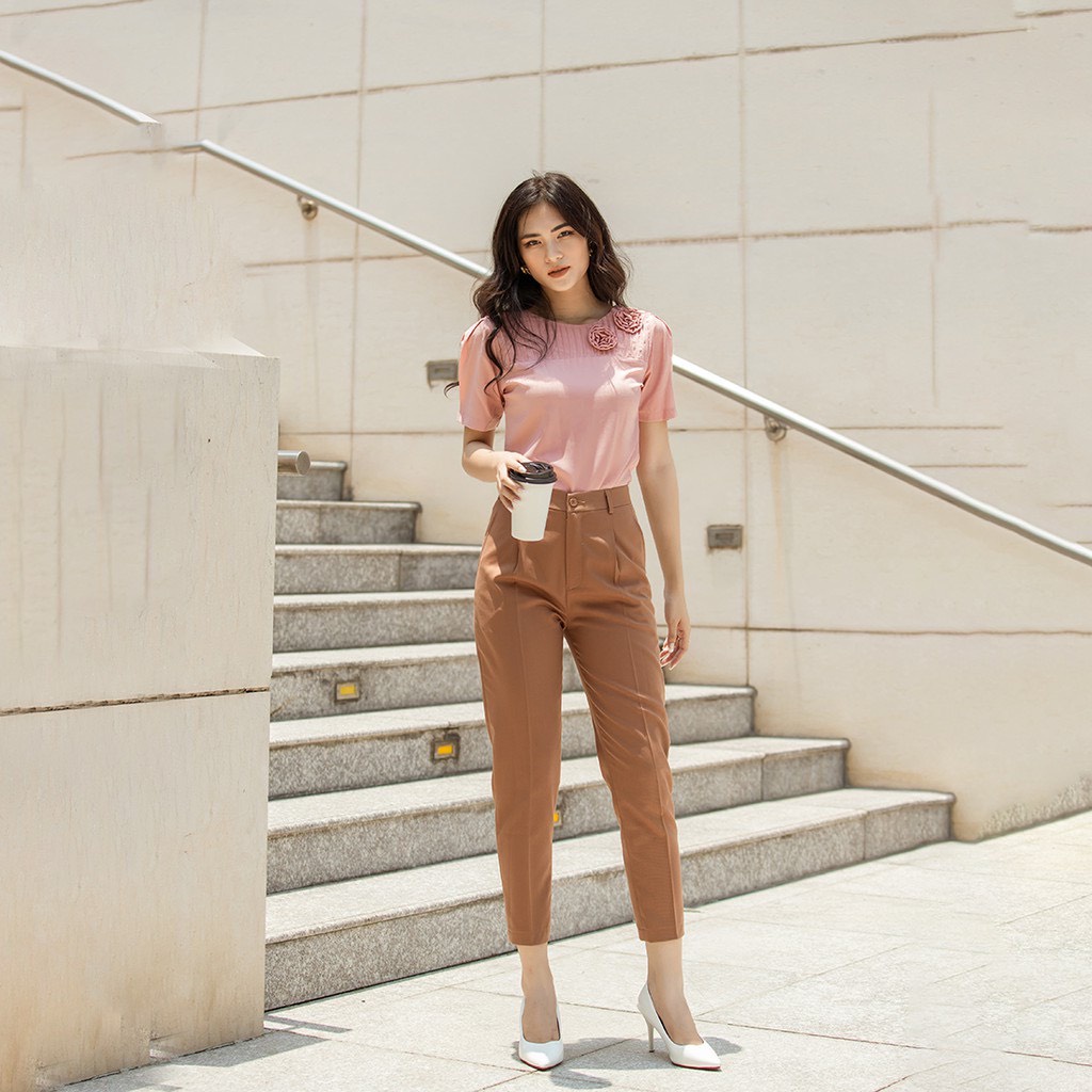 Quần Baggy nữ, Quần tây nữ công sở màu nâu cam lưng cao dáng xuông siêu tôn dáng size to