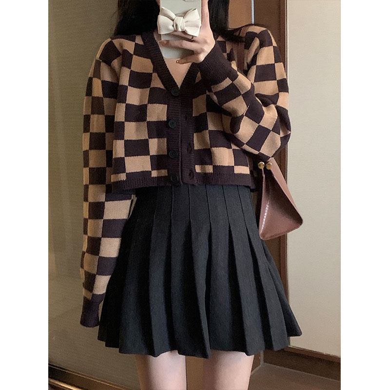 Áo Dệt Kim Tay Dài Cổ Chữ V Họa Tiết Kẻ Sọc Màu Tương Phản Thời Trang Hàn Quốc Cho Nữ