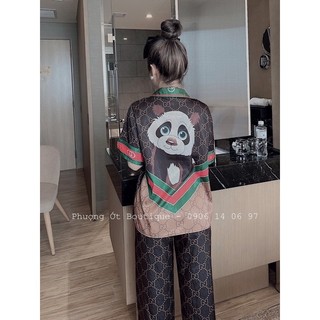 Sét đồ ngủ lụa xước gấu trúc tay dài- chất lụa mịn mát