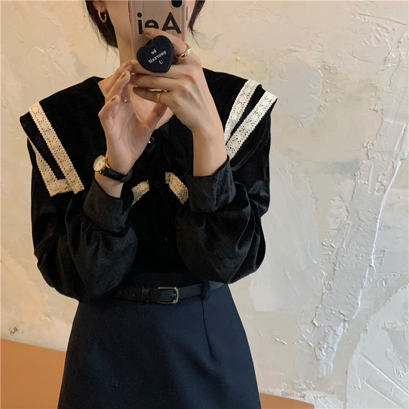 Áo nhung SUXI tay dài phối ren phong cách Hàn Quốc cổ điển thời trang dễ phối đồ dành cho nữ