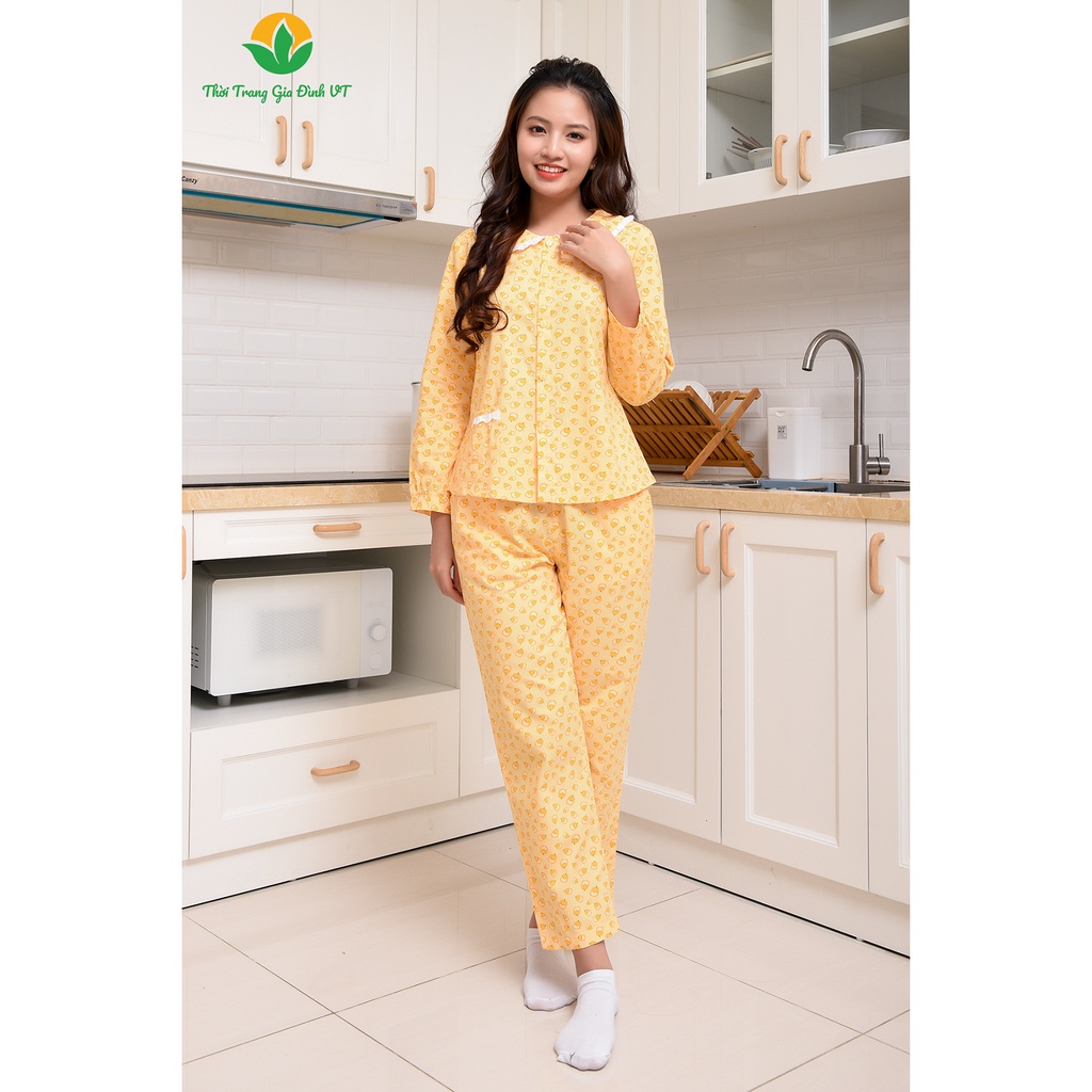 Bộ đồ mặc nhà nữ thu đông chất cotton thời trang gia đình  Việt Thắng, quần dài, áo dài tay - B50.2210