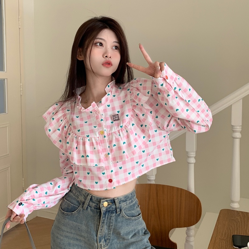 Áo sơ mi SUXI dáng ngắn tay dài in họa tiết vintage ngọt ngào cho nữ