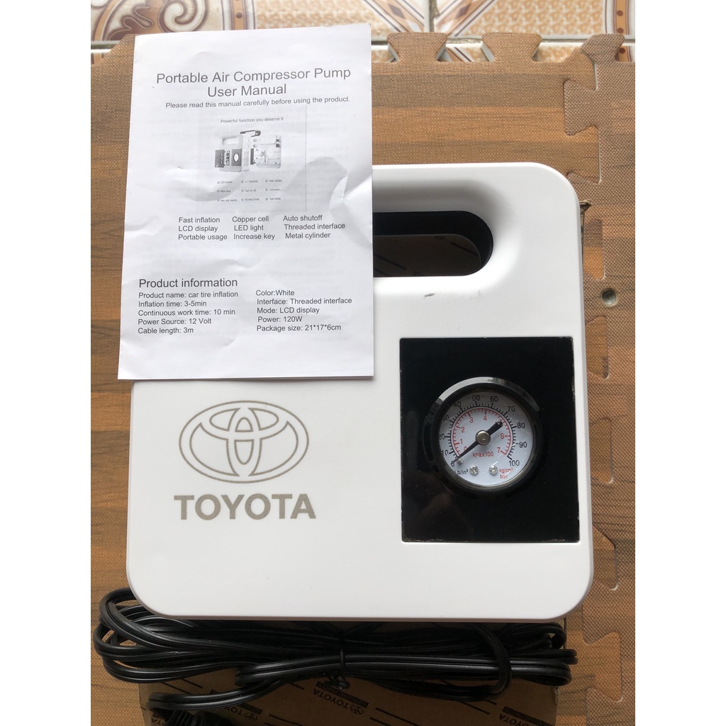 Máy bơm lốp chính hãng TOYOTA LCD display bảo hành 1 năm lỗi 1 đổi 1 tong 30 ngày đầu sử dụng.áp xuất tối đa 4,5kg/cm2.