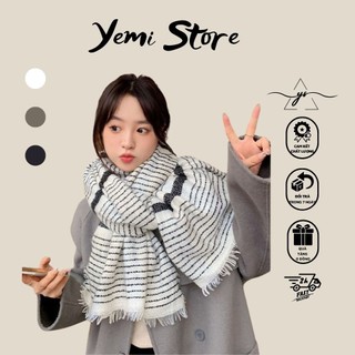 Khăn quàng cổ nữ kẻ sọc trắng - khăn dạ len choàng cổ mùa đông phong cách Retro Nhật Bản - K03 Yemi Store
