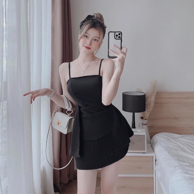 Bigsize set áo 2 dây kèm chân váy xếp ly nhấn eo 55-95kg