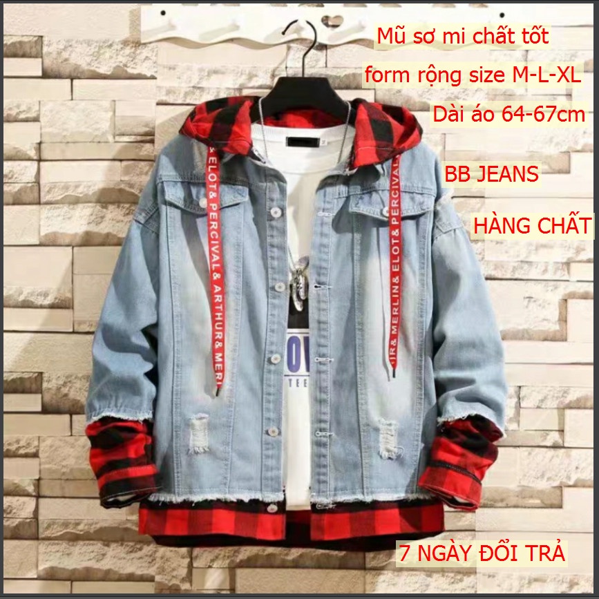 Áo khoác jean nam có mũ vải sơ mi đỏ cực đẹp thời trang form rộng size 40-75kg Mata Sport