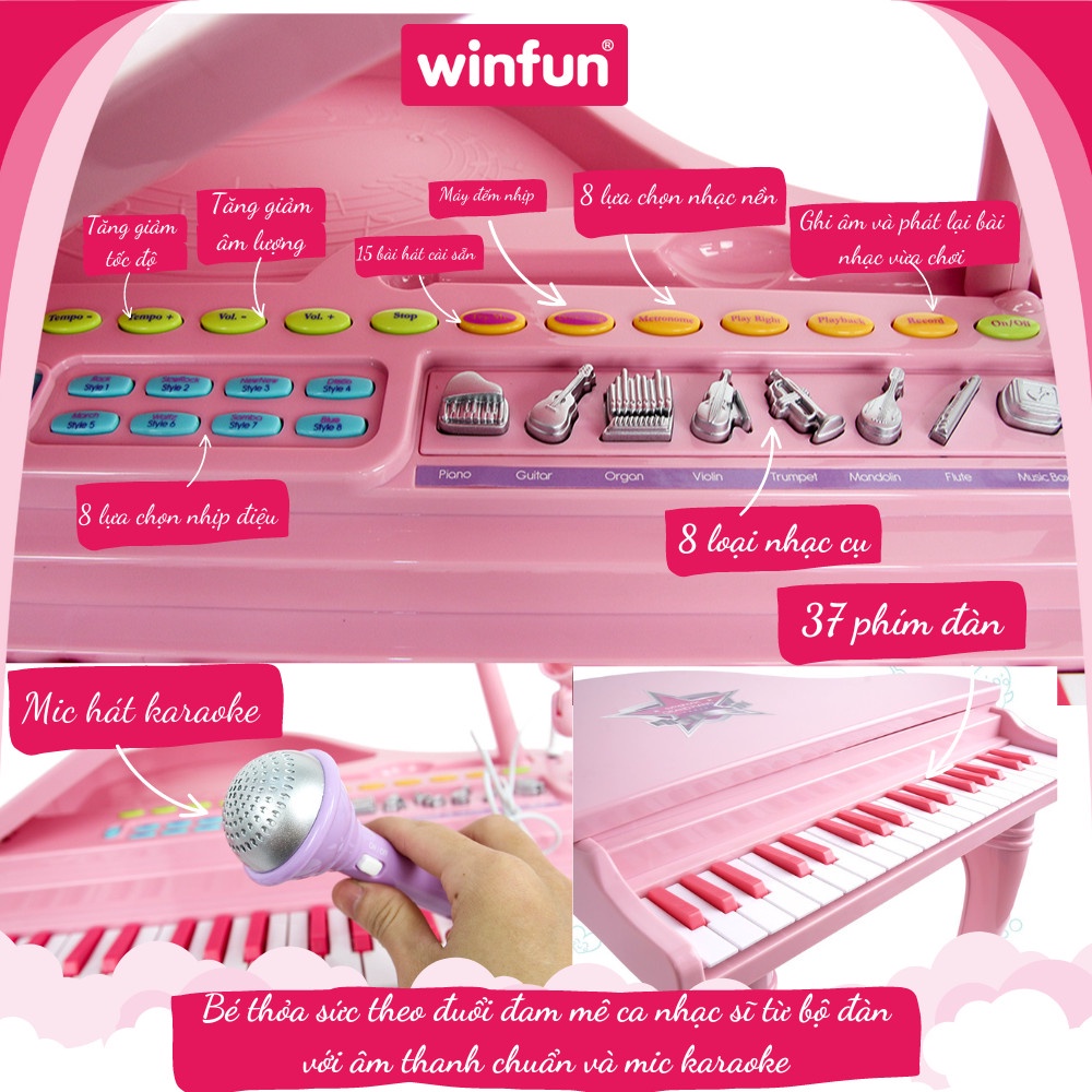 Đàn piano kèm mic cao cấp cho bé có thu âm, phát lại Winfun - 02045 - đồ chơi âm nhạc cho bé 3 tuổi trở lên