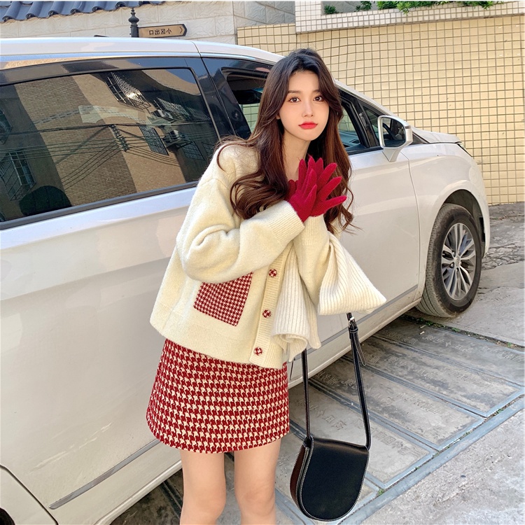 Hàng Ngàn Chú Chim Kiểm Tra Áo Khoác cardigan Dệt Kim Ngắn Phiên Bản Hàn Quốc Mùa Thu Mới Màu Mơ