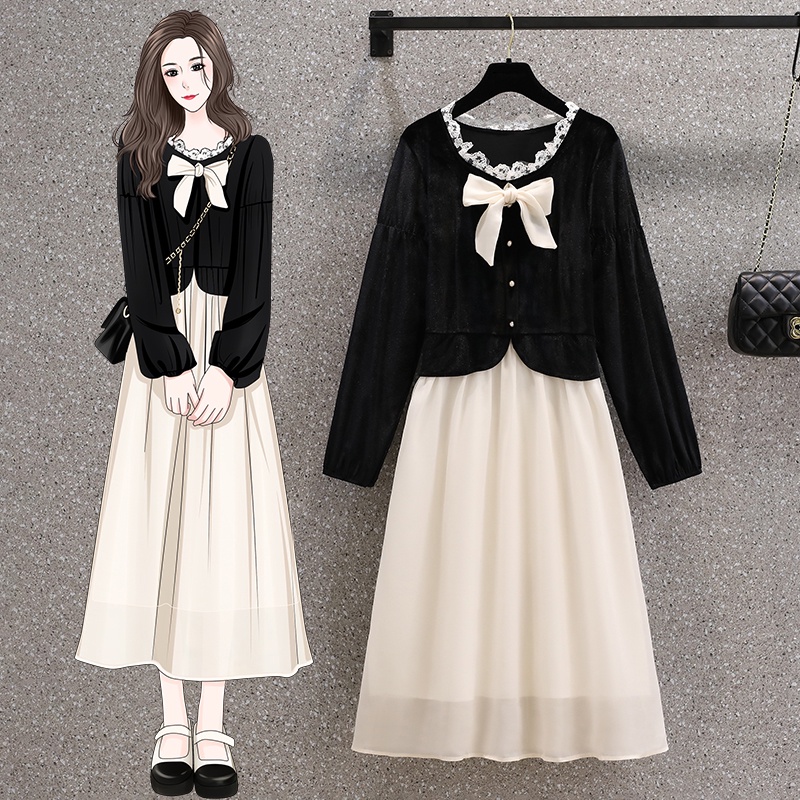 🌸Hàng Order🌸Váy Bigsize Nhung Đính Nơ Cổ Ren Đính Cúc Ngọc Phối Váy Voan Tiểu Thư Nữ Tính🌸Hàng Quảng Châu