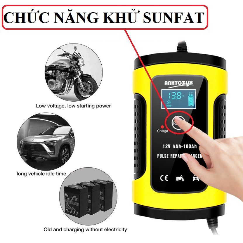 Sạc bình ắc quy ô tô xe máy 12V 100AH dòng sạc nhanh 6A tự ngắt khi đầy có chức năng khử sunfat ANHTCZYX