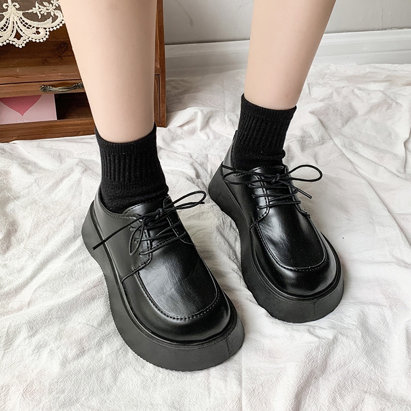 Giày Da Đế Dày Buộc Dây Kiểu Anh Thiết Kế Trẻ Trung Cho Nữ