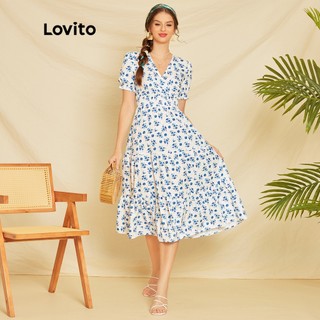 Boho Floral V Cổ Puff Tay áo Nữ Ruffle Phụ nữ Váy Lovito L33LD080 (Trắng)